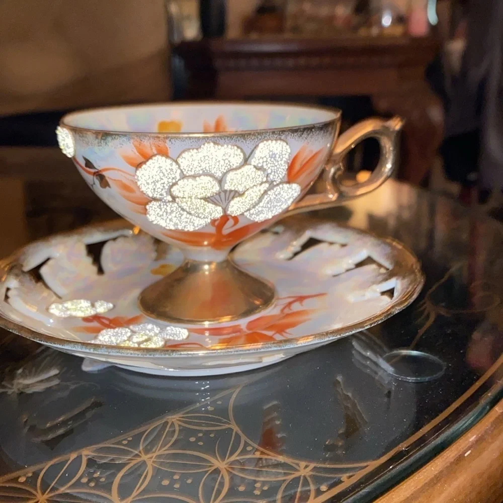 Vintage Japan Sterling China Iridescent Floral Textured Pansy Teacup & Saucer